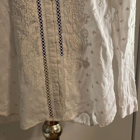 Small Loft white button down long sleeve 100% cotton floral embroidered blouse - Picture 8 of 16